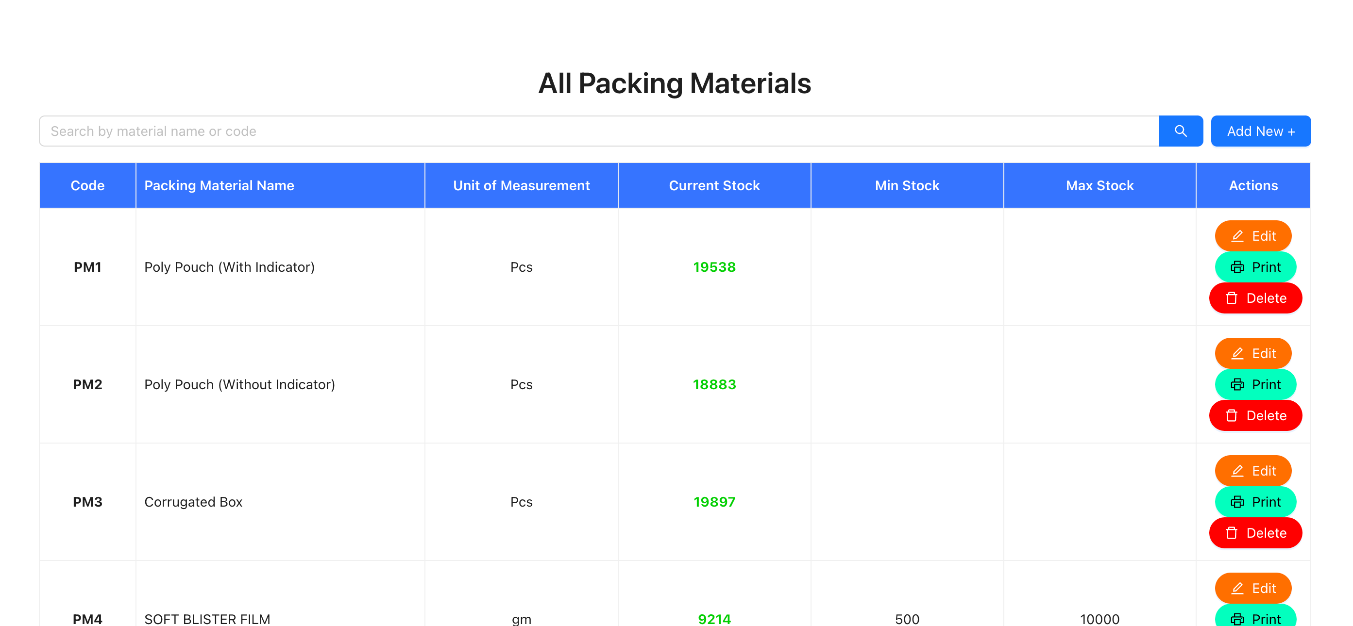 Add Packing Material button