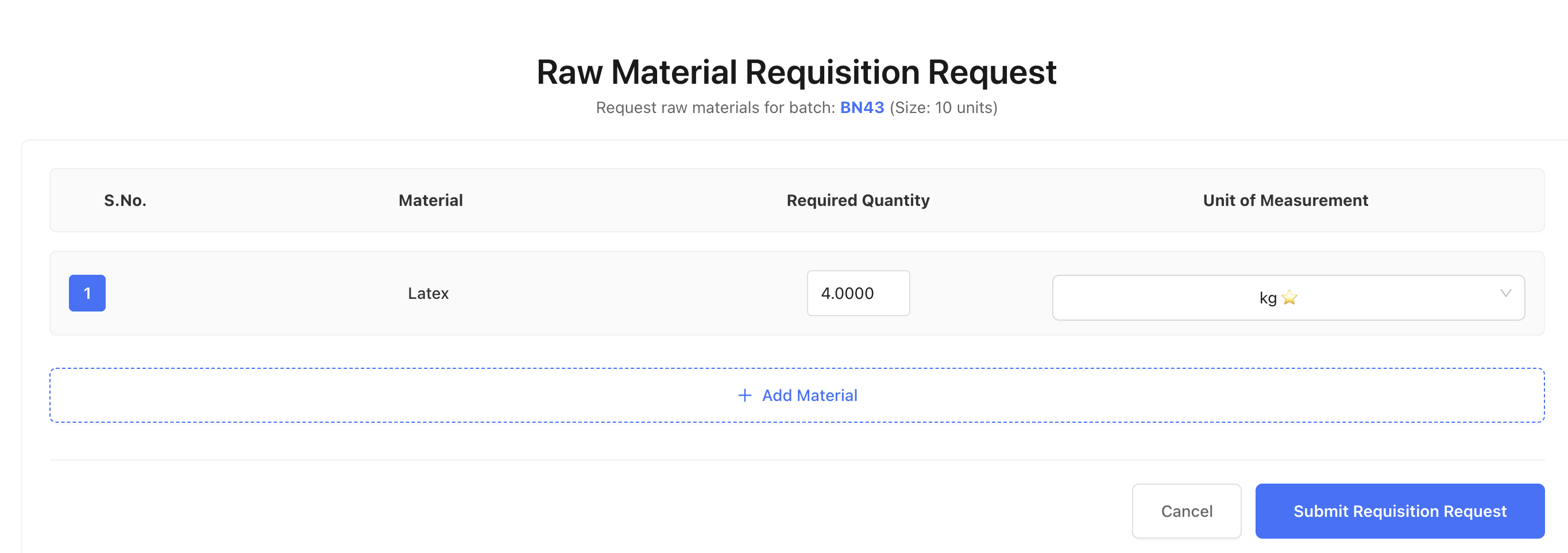 Raw Material Requisition form