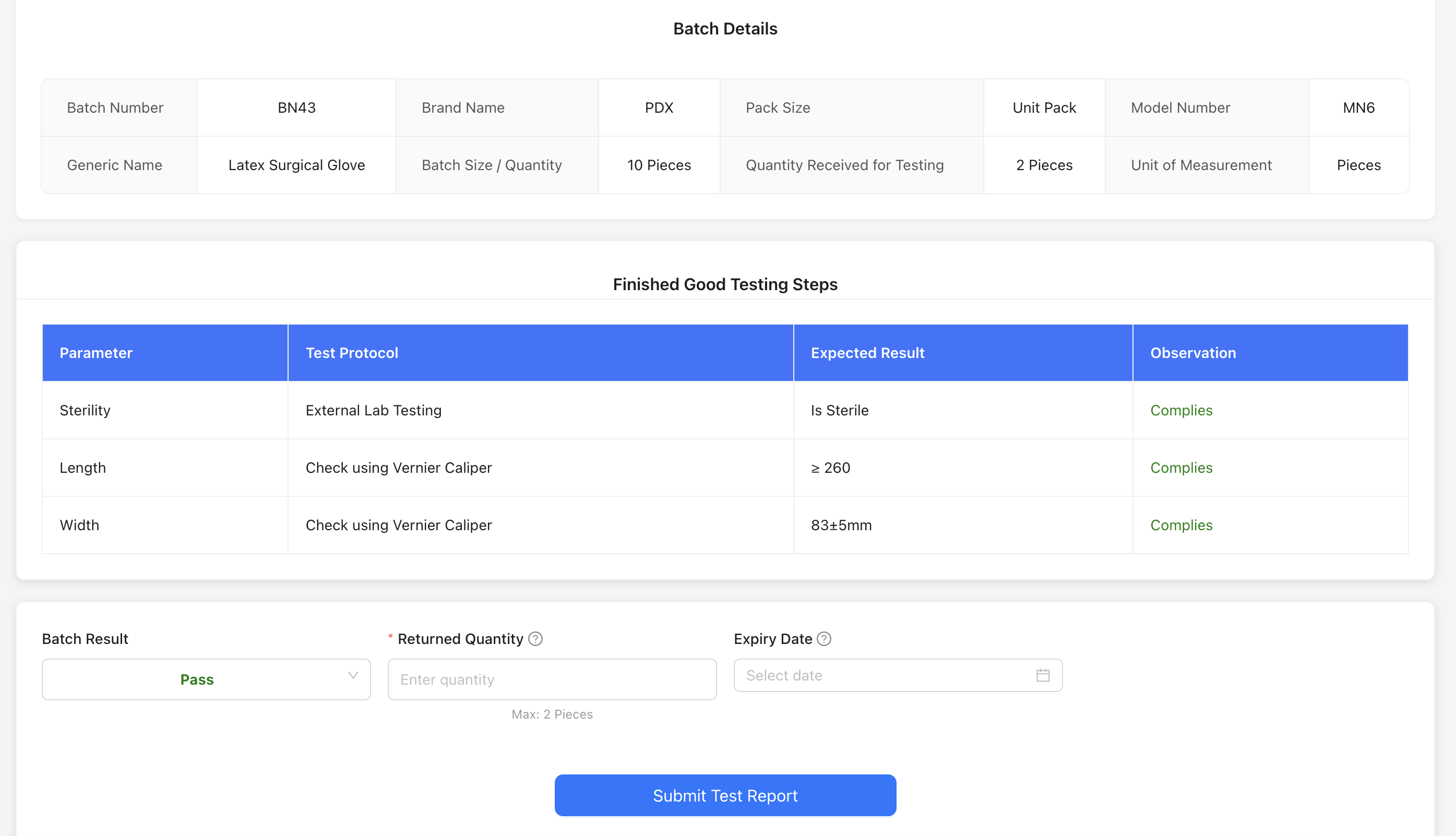 Test Report Submission form